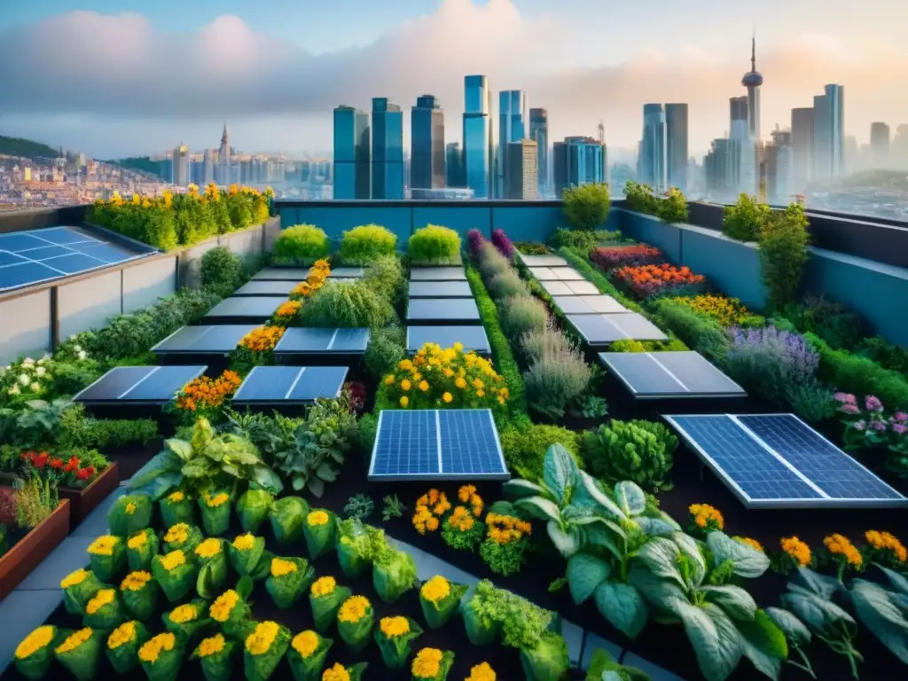 Jardín verde en tejado urbano: flores, verduras y árboles frutales