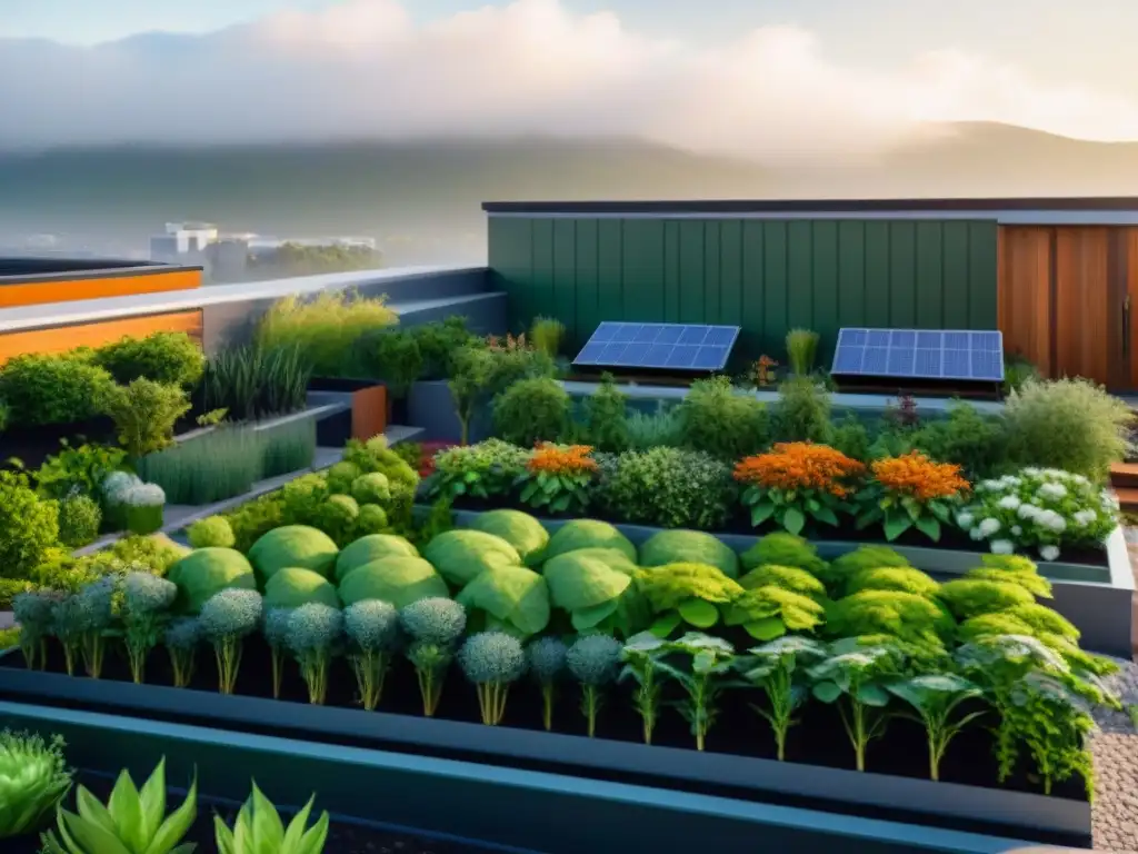 Un jardín verde y vibrante en la azotea de un edificio ecológico, con plantas nativas, paneles solares y sistema de recolección de agua de lluvia