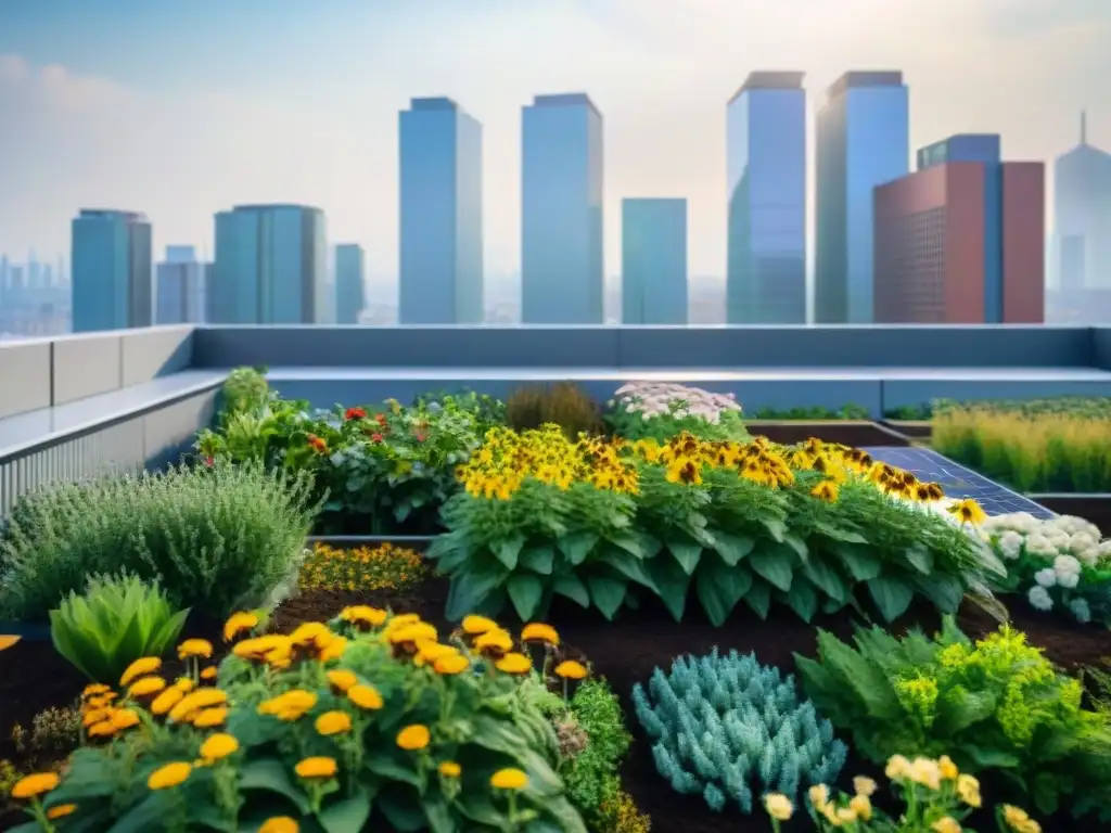 Un jardín verde y vibrante en la azotea de un edificio sostenible, beneficios techos verdes arquitectura sostenible