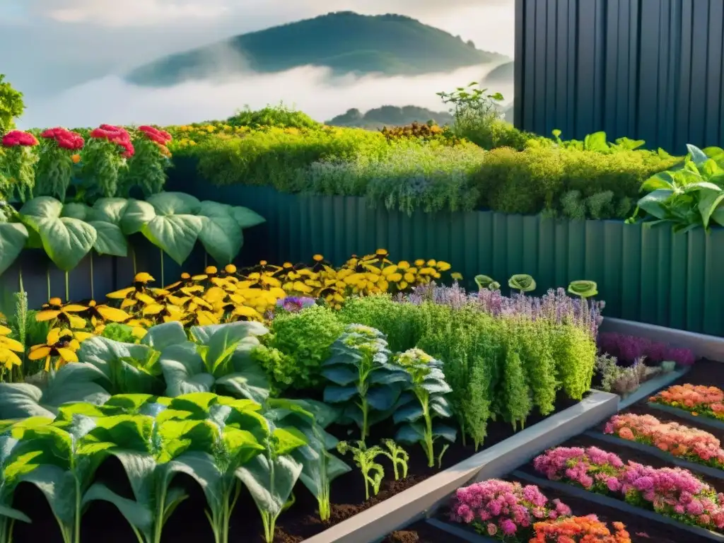 Un jardín verde y vibrante en una casa ecológica, reflejando armonía y sostenibilidad