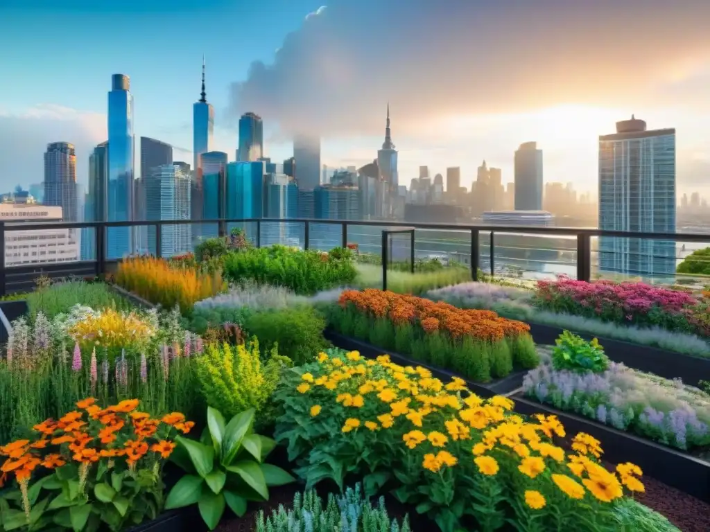 Un jardín de techo verde vibrante y exuberante con plantas nativas y flores, atrae mariposas y abejas