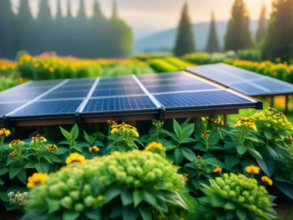 Un jardín verde vibrante con paneles solares reflejando la luz del sol, rodeado de flores y abejas