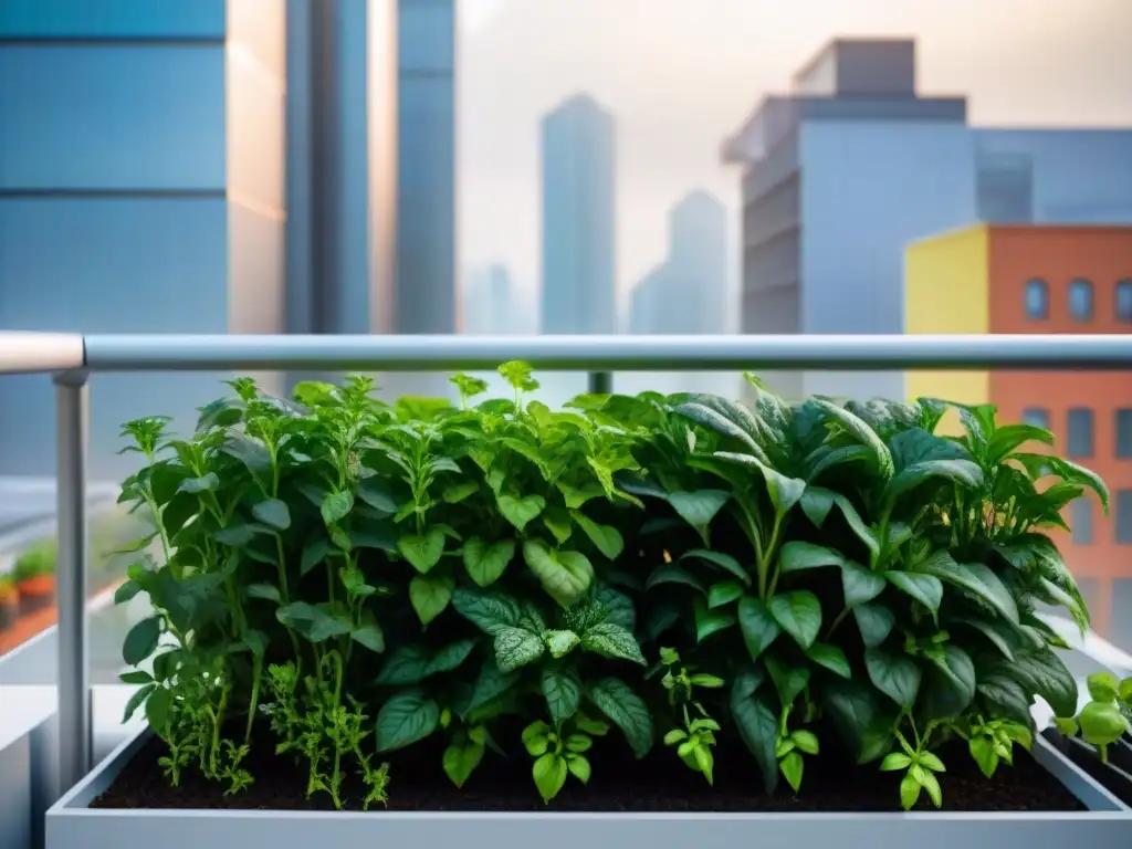 Un jardín vertical de alta tecnología en un balcón urbano, con plantas exuberantes bajo luces LED