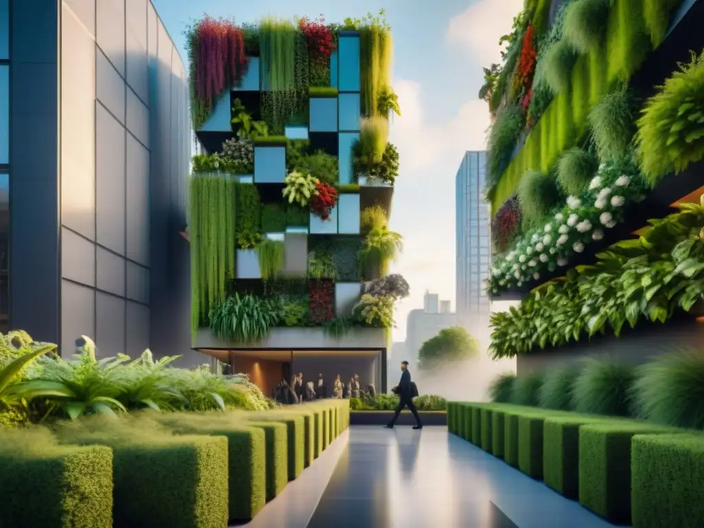 Un jardín vertical de arquitectura sostenible embellece un moderno rascacielos en un bullicioso paisaje urbano