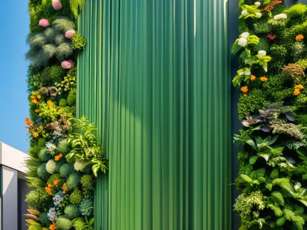 Un jardín vertical detallado en un edificio sostenible, con plantas en cascada y flores vibrantes