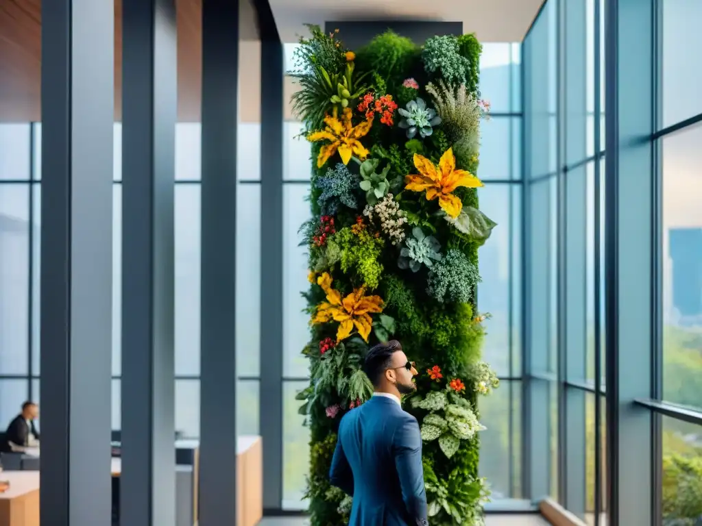 Un jardín vertical detallado en una oficina moderna con plantas verdes y flores coloridas