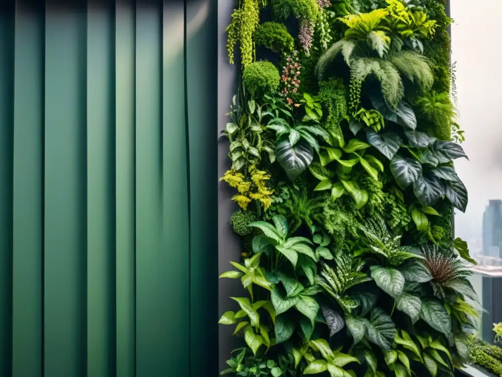 Un jardín vertical ecológico con plantas vibrantes creando armonía y belleza