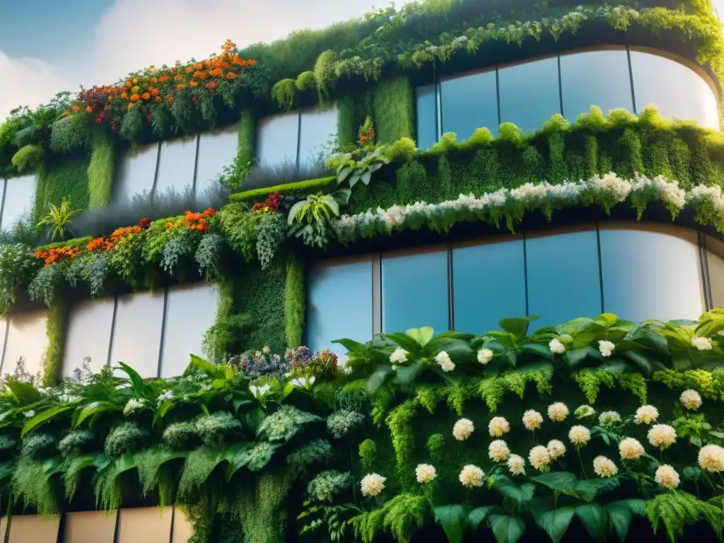 Un jardín vertical exuberante en arquitectura sostenible, donde plantas de colores vibrantes crean una obra de arte natural en la ciudad