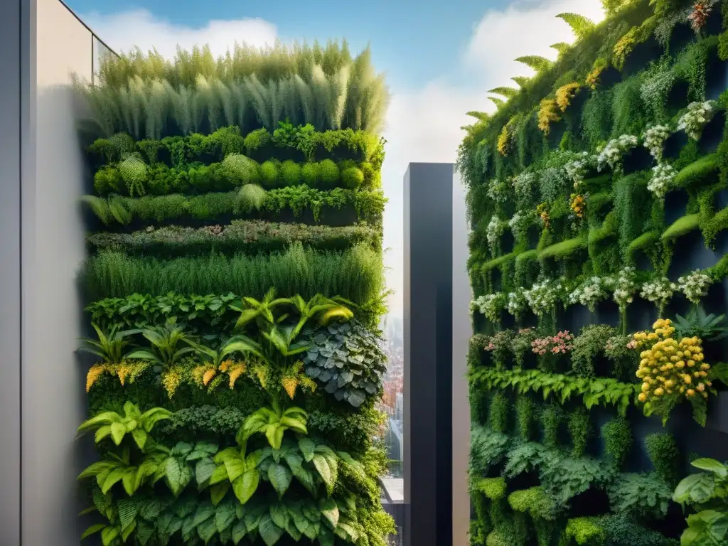 Un jardín vertical exuberante en la ciudad, resaltando la armonía entre naturaleza y urbanismo