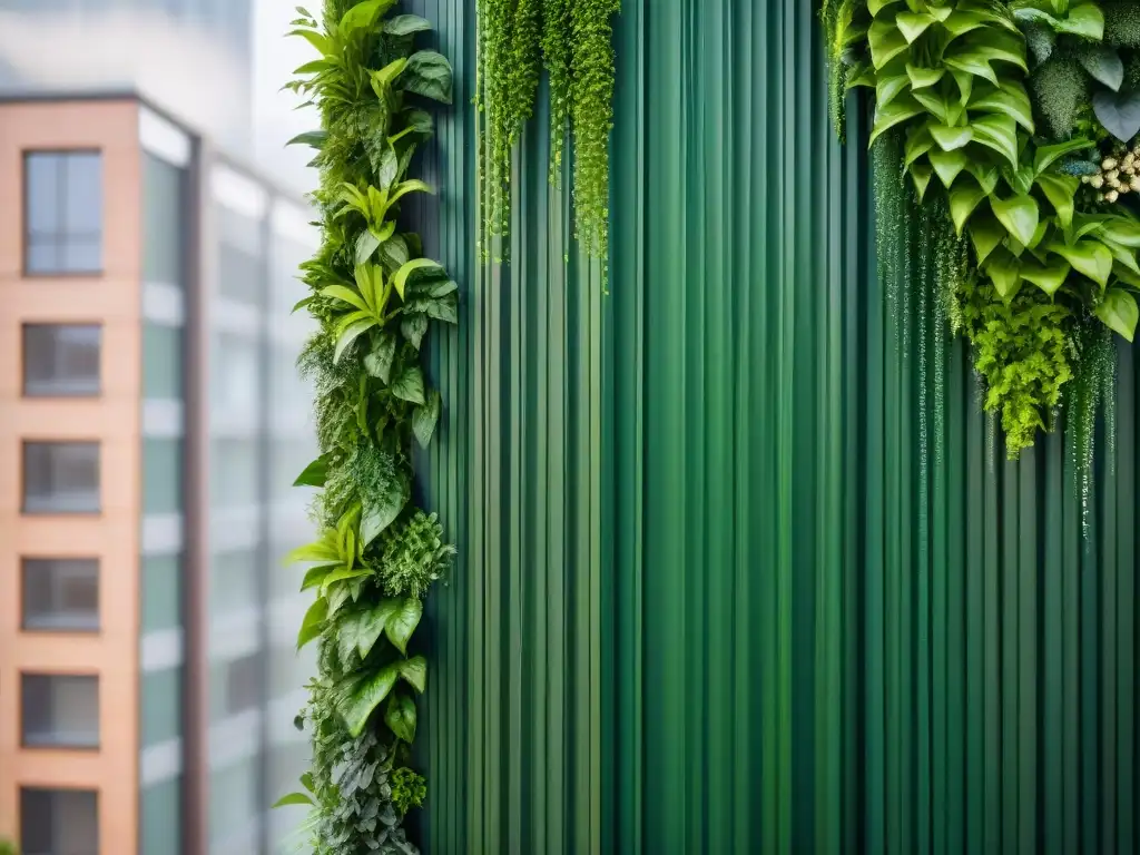 Un jardín vertical exuberante en la ciudad, resaltando la frescura y vitalidad de las plantas