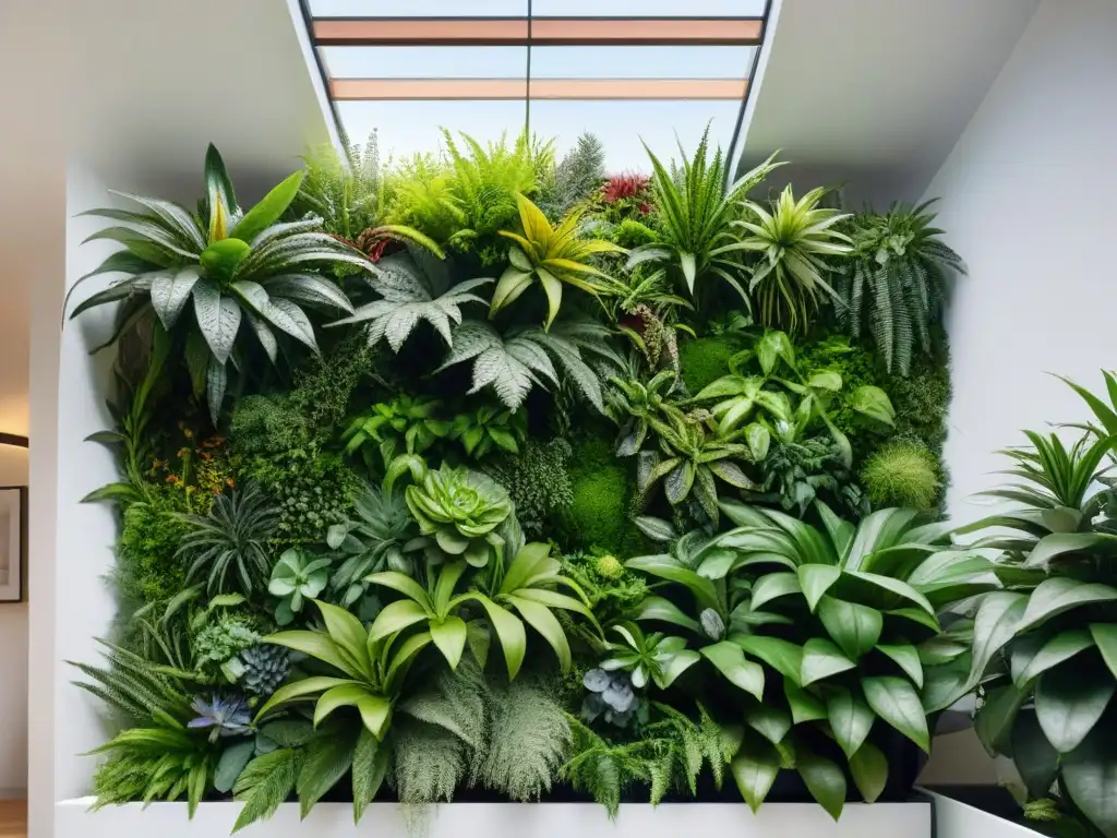 Un jardín vertical exuberante y detallado en una casa ecológica