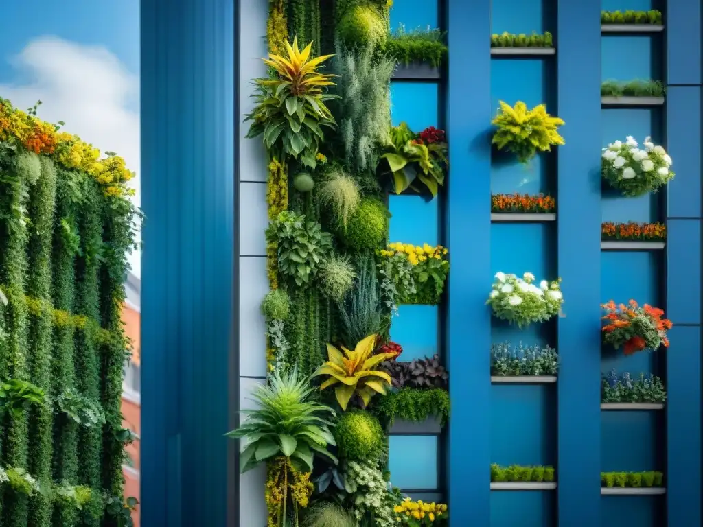 Un jardín vertical exuberante en un edificio moderno, destacando la coexistencia de la naturaleza y la arquitectura urbana