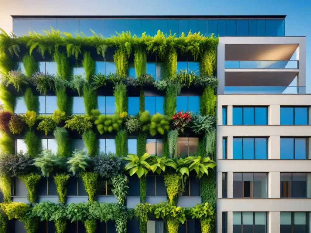 Un jardín vertical exuberante embellece la fachada urbana con plantas para integración en diseño, fusionando naturaleza y arquitectura