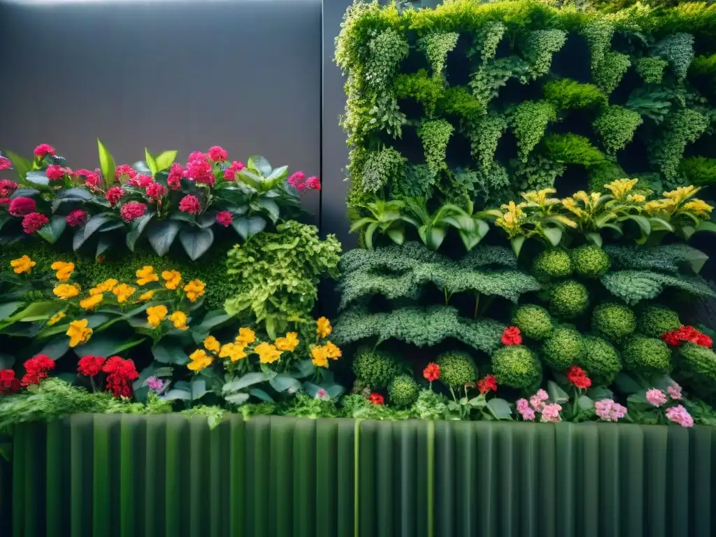 Un jardín vertical exuberante con flores vibrantes y follaje cascante, resaltando los Principios de diseño de jardines sostenibles