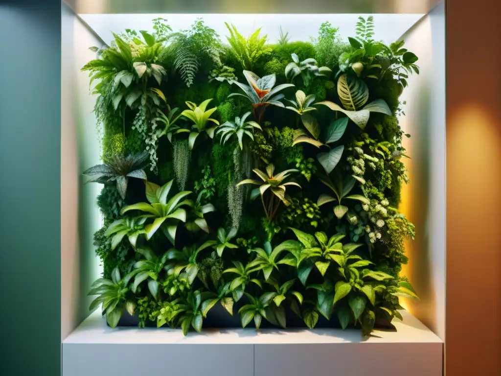 Un jardín vertical exuberante en un interior moderno, mostrando la belleza de la jardinería vertical sostenible en interiores