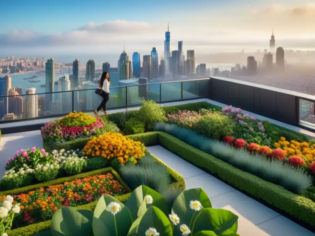 Un jardín vertical exuberante en un techo verde con flores vibrantes y árboles