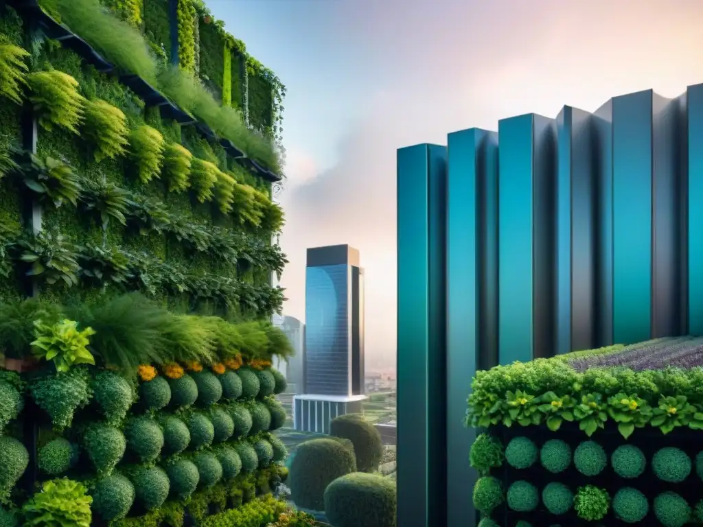 Un jardín vertical futurista con tecnologías de jardinería sostenible para el futuro, contrastando con el paisaje urbano