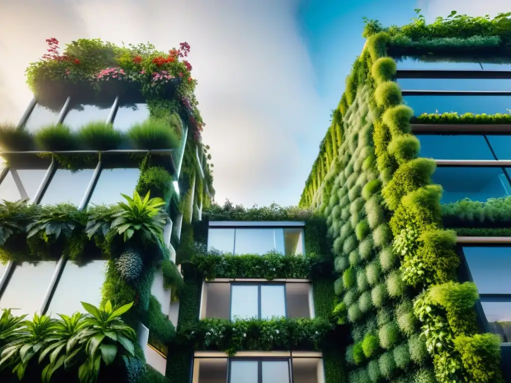 Un jardín vertical impresionante en arquitectura sostenible, fusionando naturaleza y modernidad