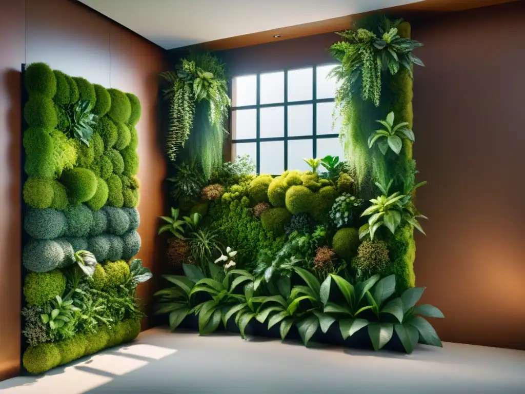 Un jardín vertical interior intrincado y exuberante con plantas verdes vibrantes, iluminado por luz natural