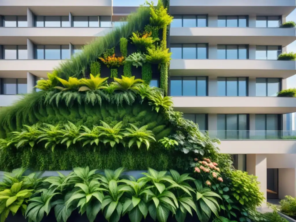 Un jardín vertical urbano, con plantas para integración en diseño, fusiona naturaleza y arquitectura en perfecta armonía