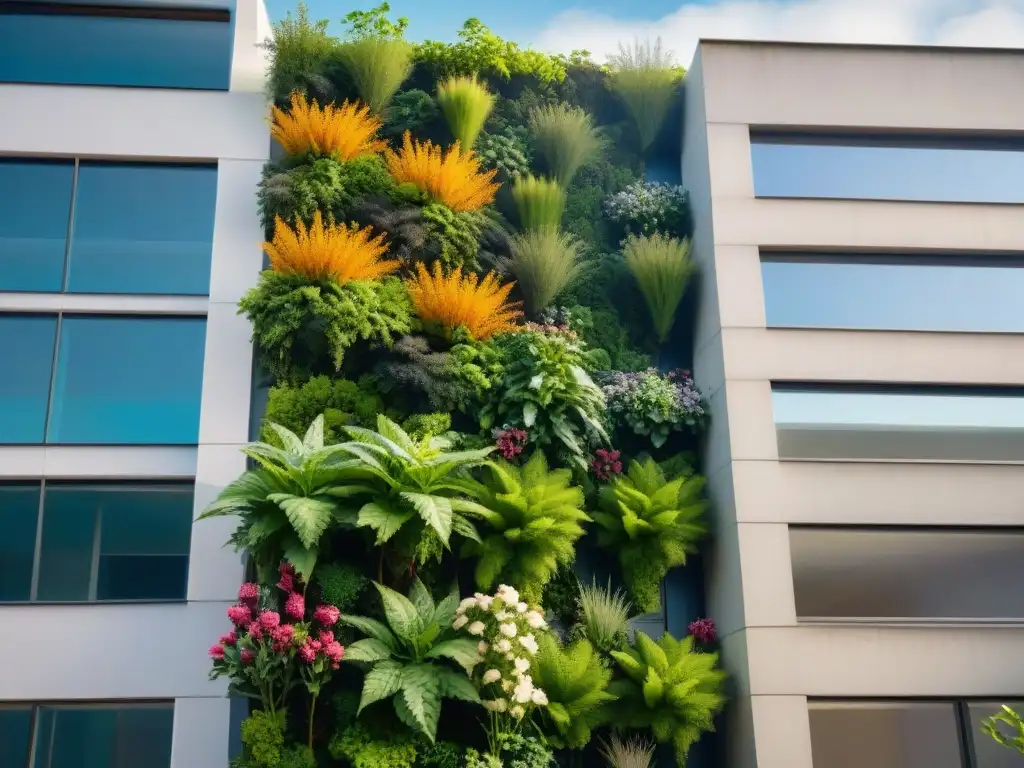 Un jardín vertical vibrante embellece un edificio urbano, mostrando una variedad exuberante de plantas en plena floración