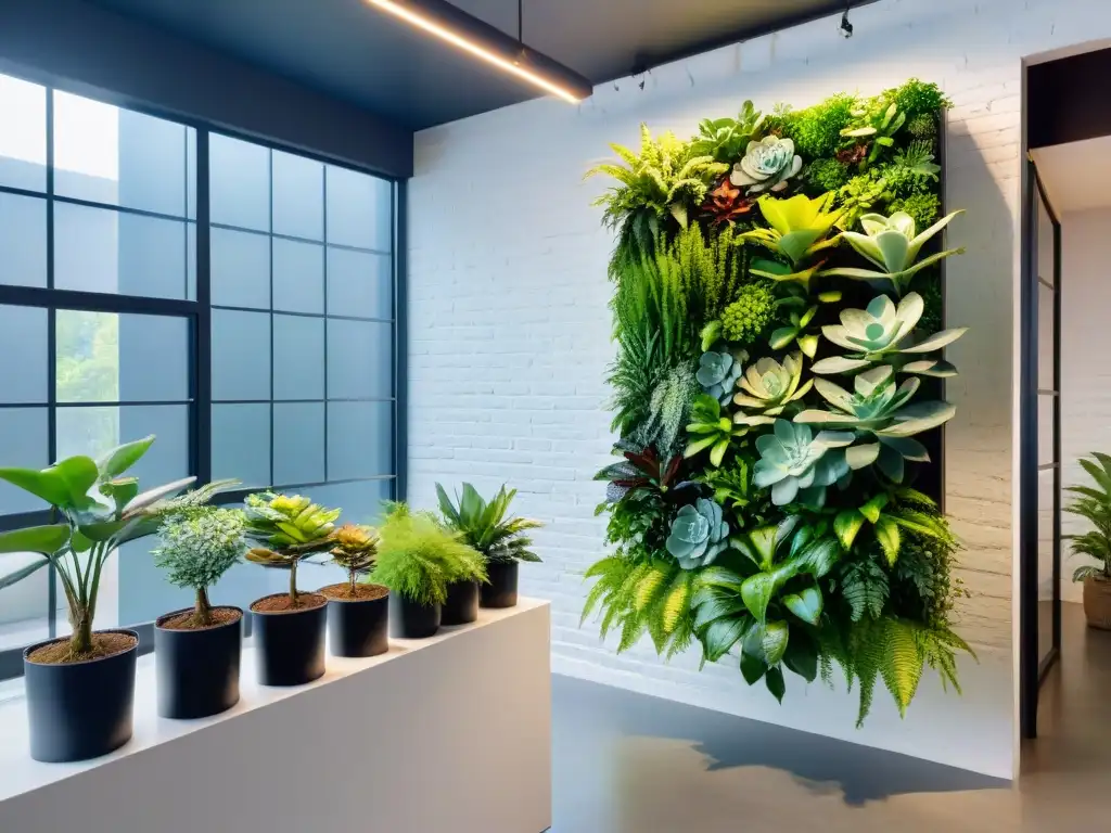 Un jardín vertical vibrante y exuberante en una oficina moderna, con plantas verdes que crean un ambiente refrescante