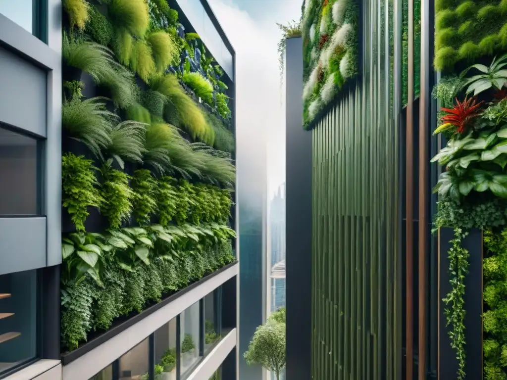 Un jardín vertical vibrante y sostenible en un entorno urbano, con plantas exuberantes