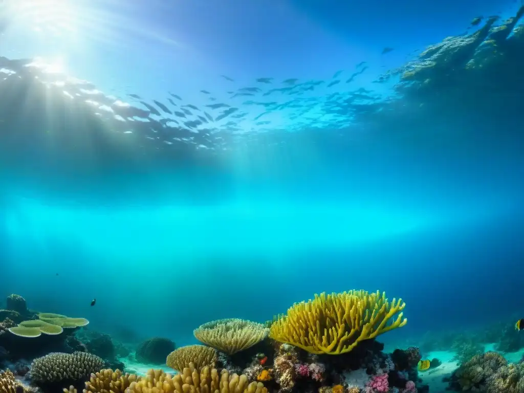 Un vibrante arrecife de coral en el Caribe, muestra un ecosistema diverso bajo el agua con peces coloridos y plantas marinas