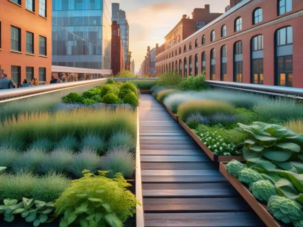 Un vibrante atardecer en el Parque High Line de Nueva York con gente disfrutando de sus espacios públicos verdes sostenibles