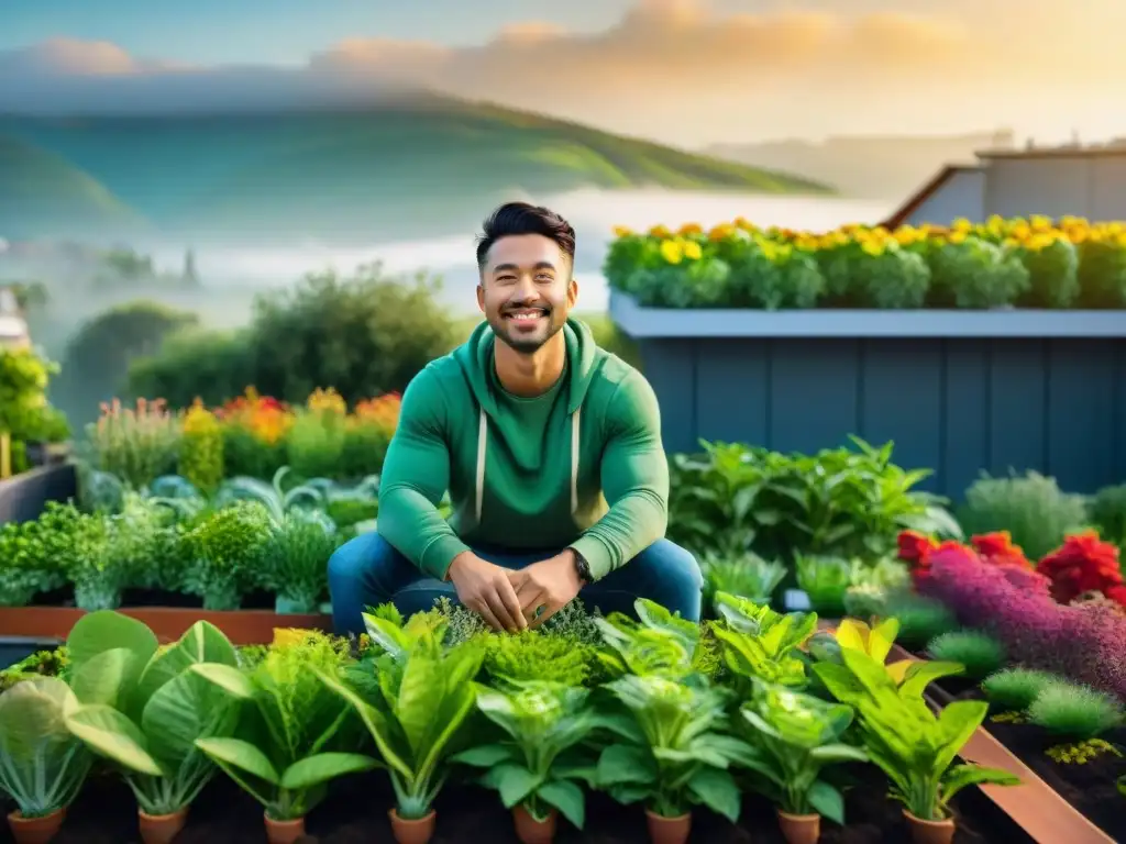 Jardín ecológico vibrante en la azotea de una casa moderna, Alianza marketing influencia viviendas ecológicas