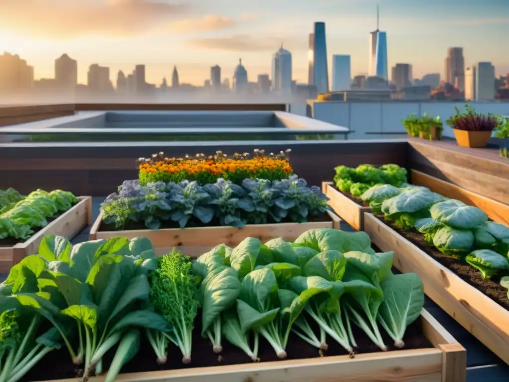 Jardín urbano: oasis de verdor en la jungla de concreto Un jardín vibrante en la azotea de una ciudad bulliciosa, cultivando alimentos en espacios urbanos