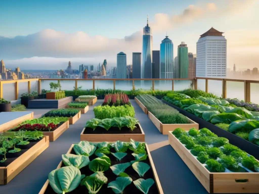 Jardín urbano comunitario: verdor en la ciudad Un jardín vibrante en la azotea con vegetales y hierbas, donde la comunidad cultiva alimentos en espacios urbanos