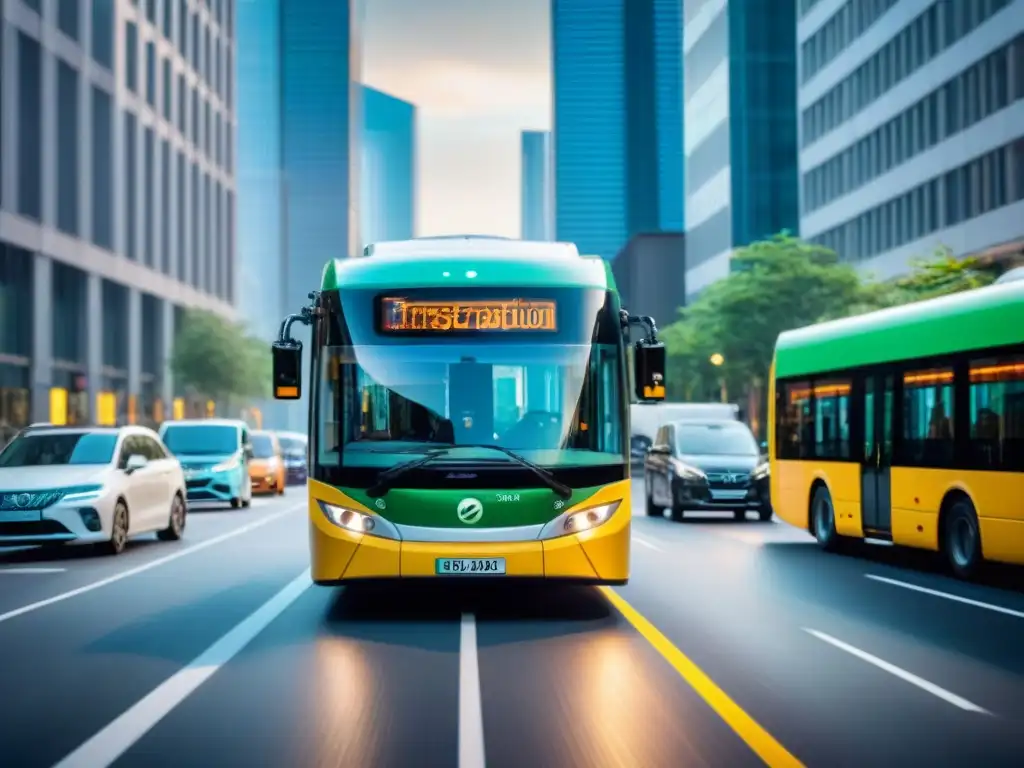 Vibrante calle de ciudad con buses eléctricos, ciclistas y peatones, reflejando ciudades inteligentes y movilidad sostenible