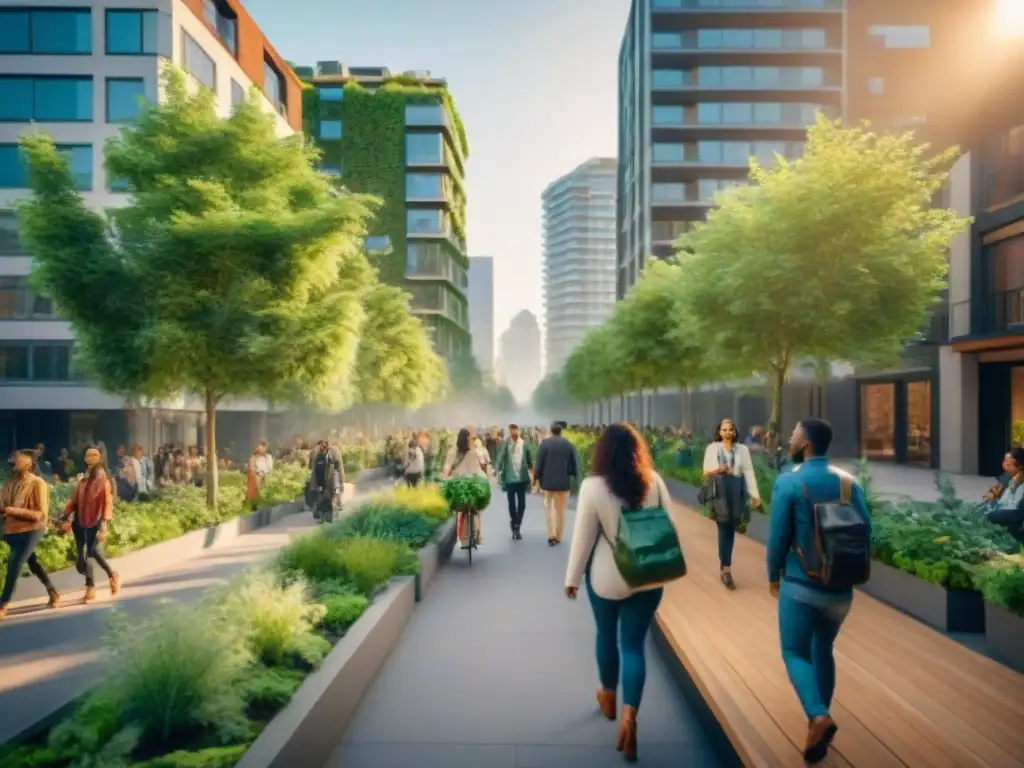 Vibrante calle de la ciudad con edificios verdes y gente feliz, reflejando políticas de vivienda verde y transformación social