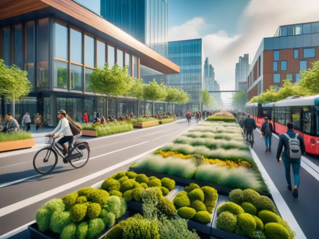 Vibrante calle de ciudad sostenible del futuro, con arquitectura moderna y verde, peatones y ciclistas