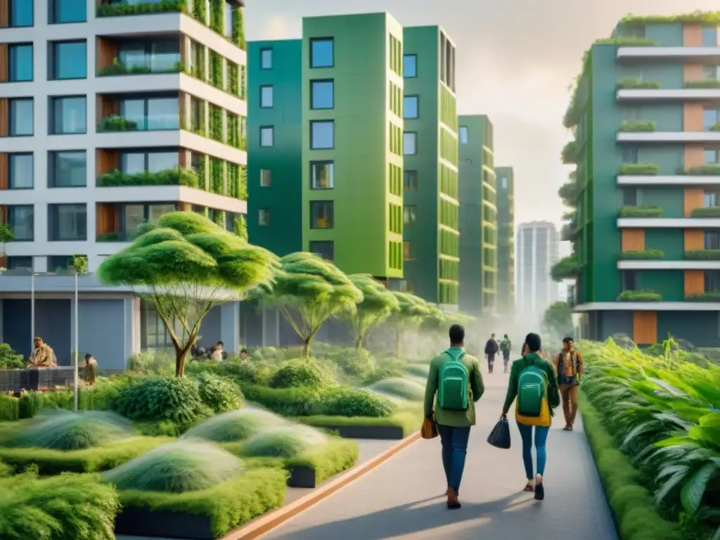 Vibrante calle urbana con edificios verdes y peatones, ejemplifica la integración de políticas de vivienda verde en la ciudad