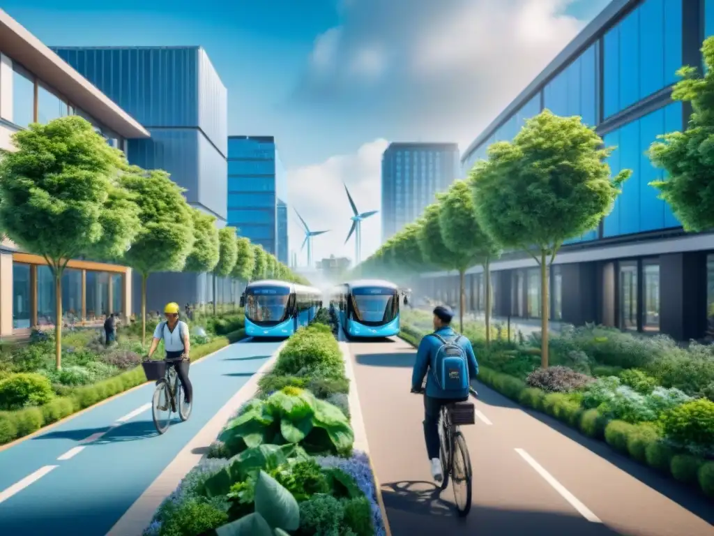 Vibrante calle urbana sostenible con diversidad de personas, edificios eco, transporte eléctrico y vegetación