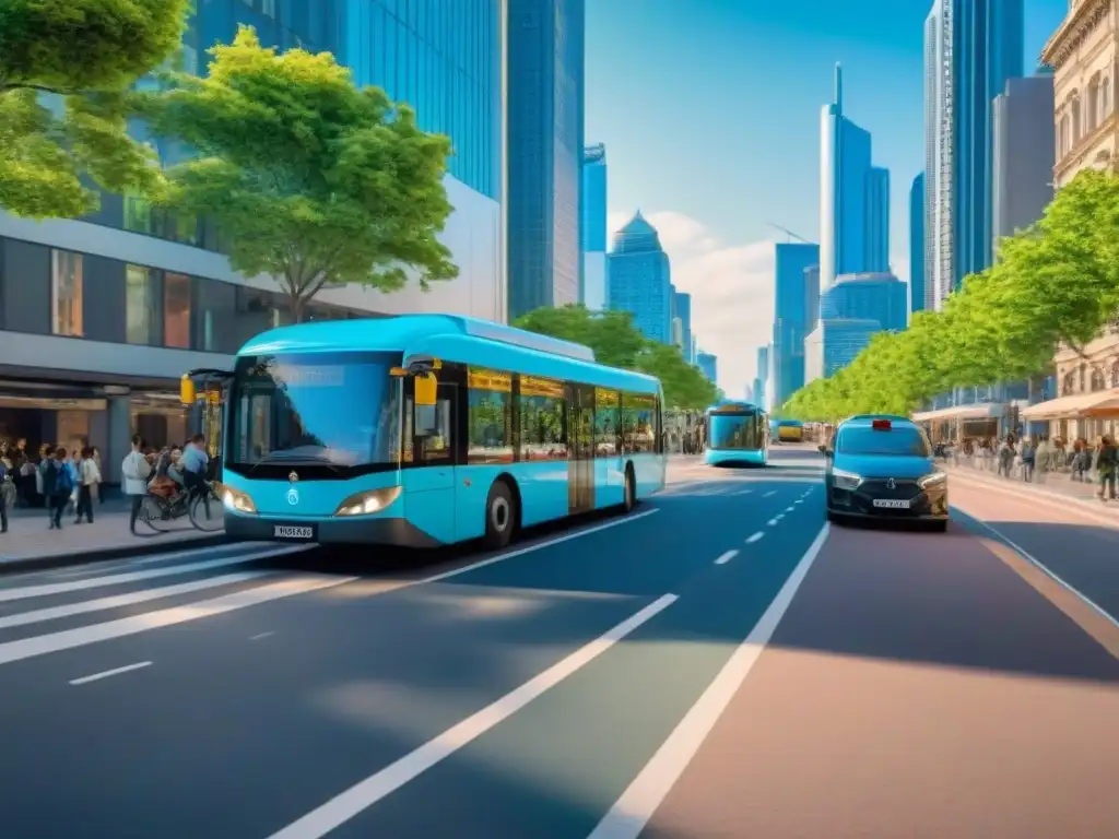 Vibrante calle urbana con transporte sostenible, peatones, ciclistas y autobuses eléctricos bajo un cielo azul y modernos rascacielos al fondo