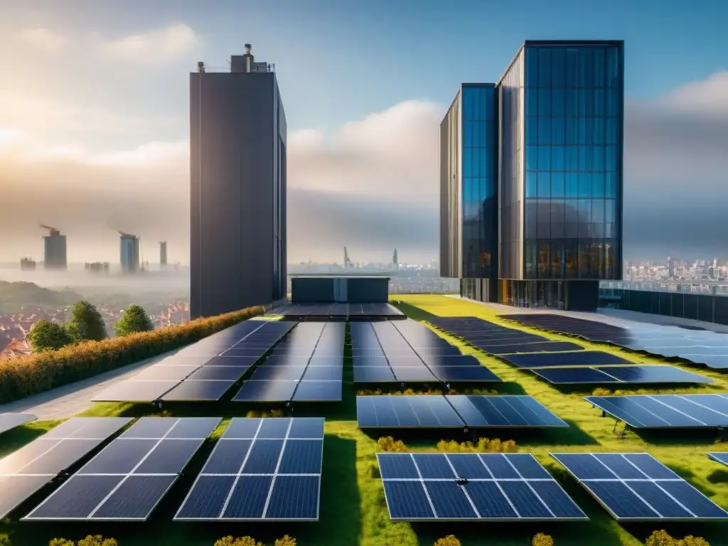 Vibrante ciudad con arquitectura sostenible y paneles solares integrados, reflejando innovación y eficiencia