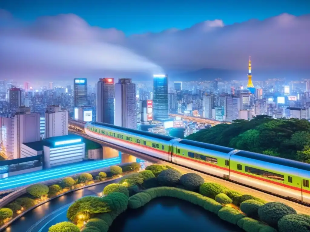 Vibrante ciudad futurista de Tokio de noche, con luces de neón, arquitectura tradicional y rascacielos modernos