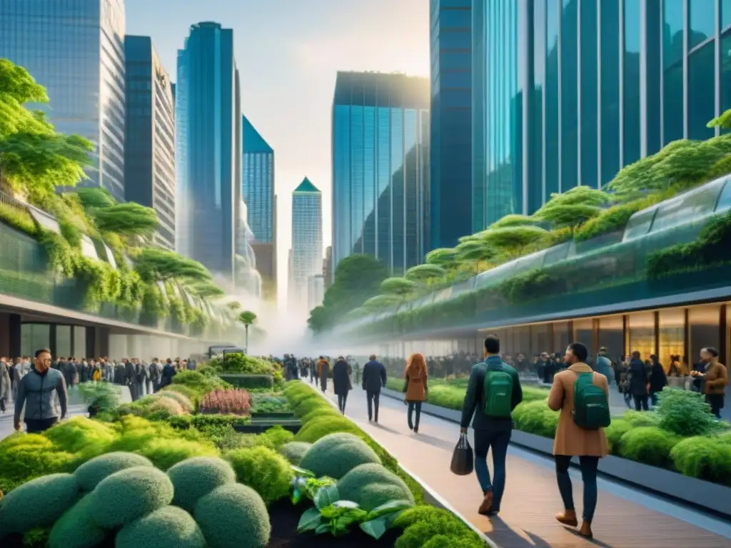 Escena urbana moderna con naturaleza integrada Vibrante ciudad con rascacielos y árboles, fusionando diseño urbano moderno con naturaleza