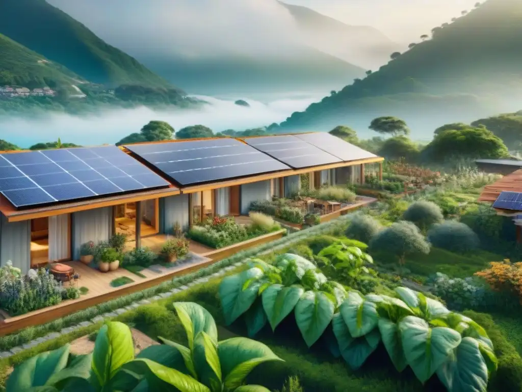 Una vibrante comunidad ecológica autosuficiente, rodeada de exuberante naturaleza y con paneles solares en techos de casas ecoamigables