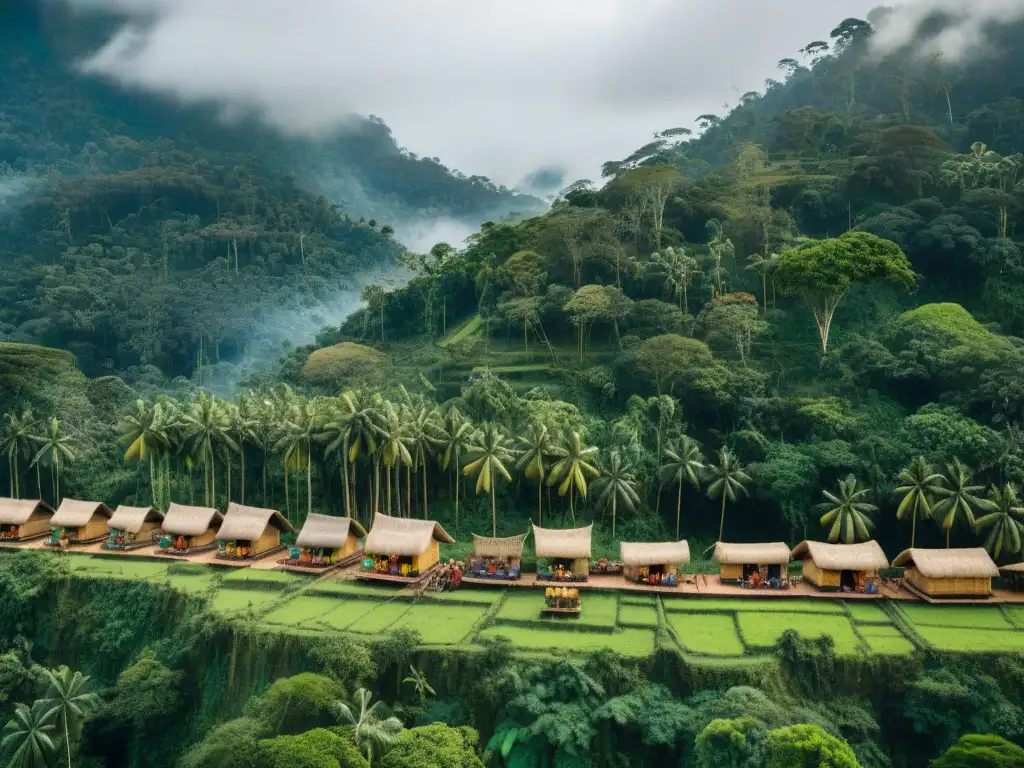 Una vibrante comunidad indígena en la exuberante selva amazónica, tejiendo cestas y compartiendo sabiduría