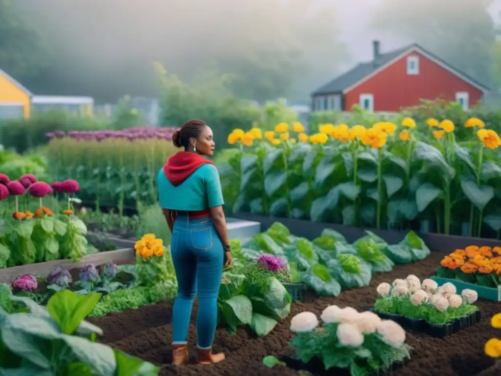 Una vibrante comunidad de jardín sostenible, con plantas exuberantes y personas de todas las edades y orígenes trabajando juntas