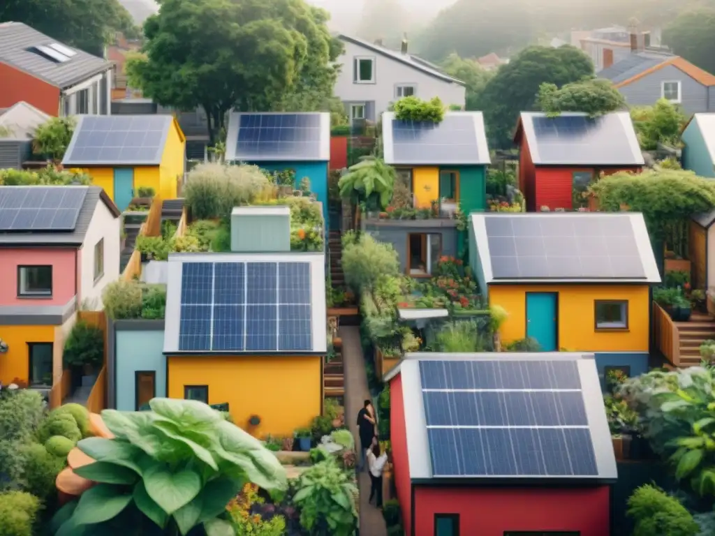 Una vibrante comunidad urbana sostenible con minicasas, residentes sonrientes y jardines comunitarios