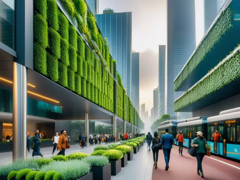 Cityscape con jardines verticales: armonía urbana verde Un vibrante diseño urbano moderno con naturaleza integrada en una bulliciosa calle de la ciudad
