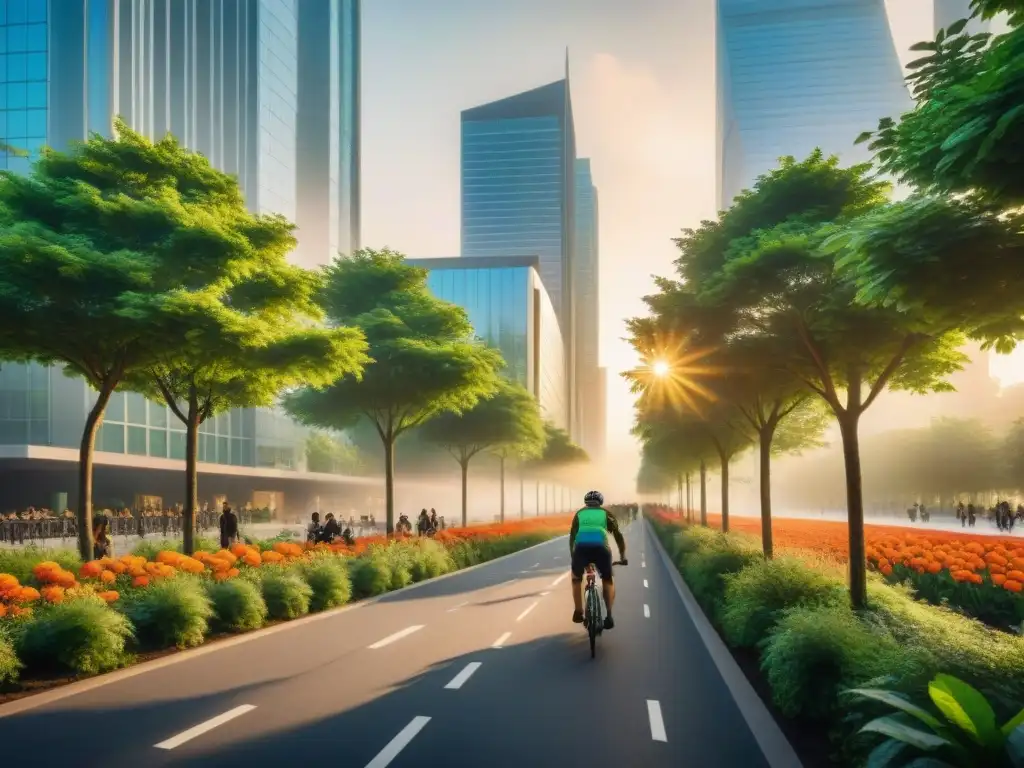 Armonía urbana: naturaleza y modernidad en la ciudad Un vibrante diseño urbano moderno con naturaleza: árboles, flores y rascacielos se entrelazan en una bulliciosa calle de la ciudad al atardecer