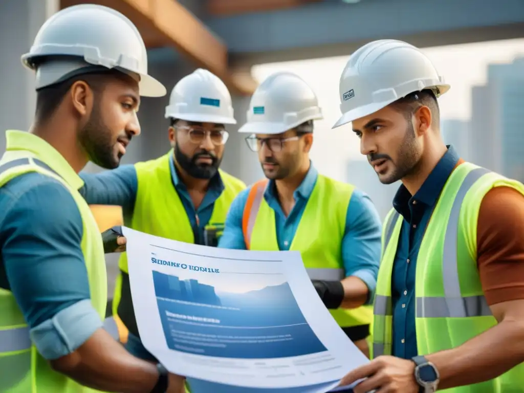 Un vibrante encuentro de arquitectos, ingenieros y trabajadores en un sitio de construcción sostenible, resolviendo disputas con colaboración