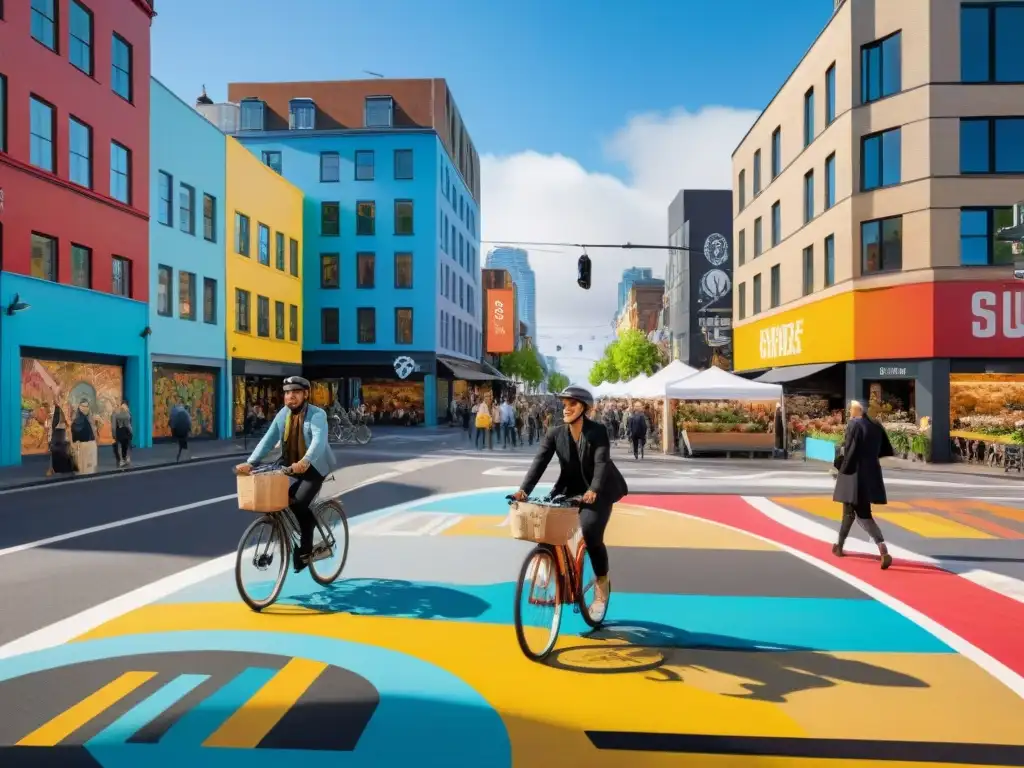 Un vibrante escenario urbano con arte callejero, ciclovías coloridas y bulliciosos mercados al aire libre