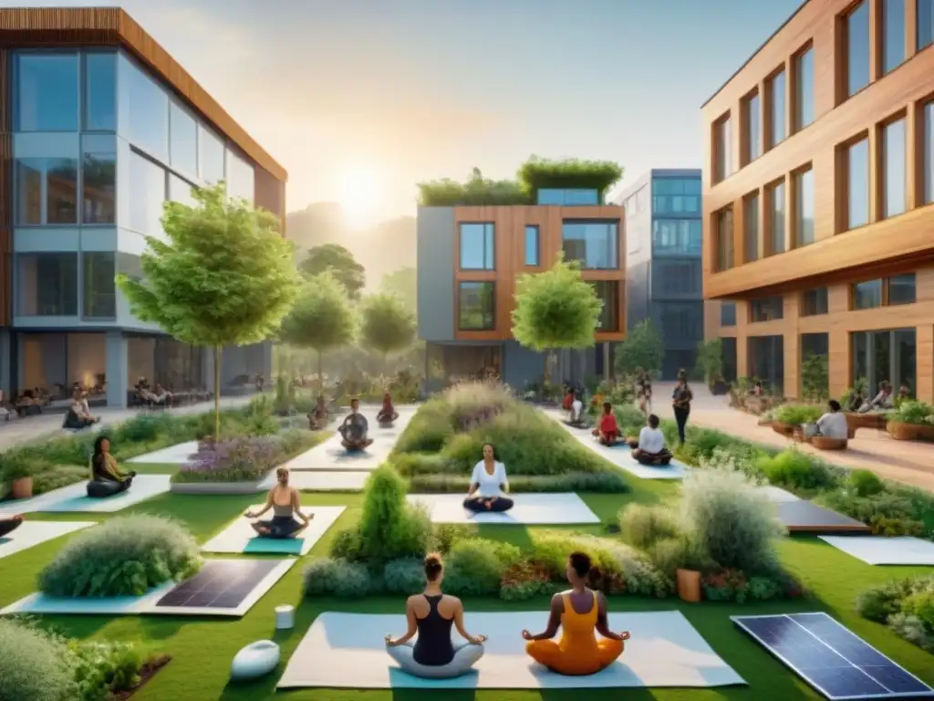 Un vibrante espacio público lleno de vegetación y diseño urbano sostenible, donde personas disfrutan de actividades como yoga y ciclismo al atardecer